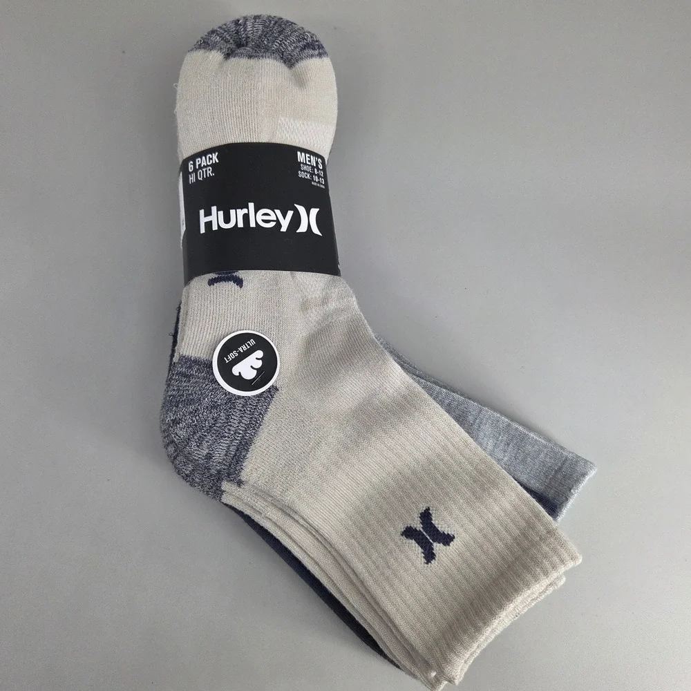 Hurley Hi Qtr‎ Socks Mens 10-13 6 Pack Khaki Navy Grey Cushioned Athletic Skate